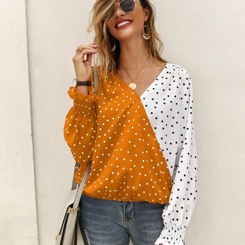 Patchwork Polka Dot Long Sleeve  Shirt